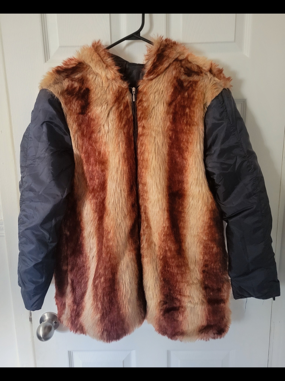 Women's Faux Fur Hooded Puffer Jacket in Brown/Beige with Navy Sleeves And Hood